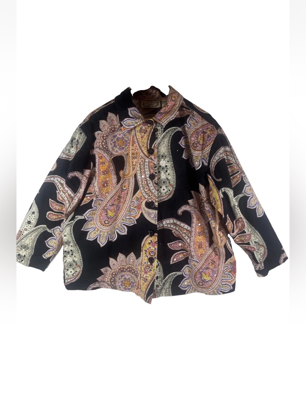 Vintage Life Style Woman 3X Denim Jacket Paisley Sequin Boho Y2K Coastal Grandma
